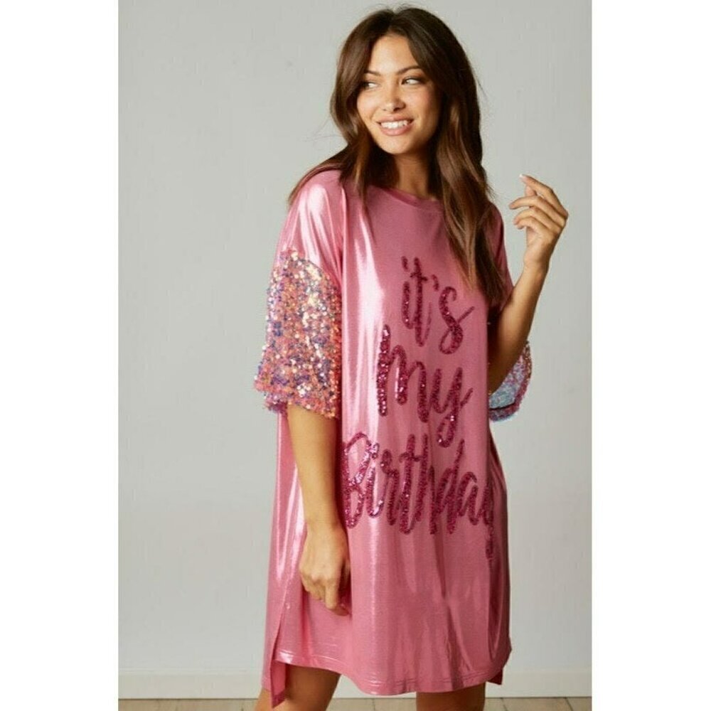 Birthday Queen Foil Sequin Dress in Pink - Picture 6 of 11